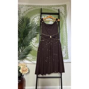 Retro Glam Jessica Howard Brown Gold Metallic Dotted Midi Dress | Wedding Guest